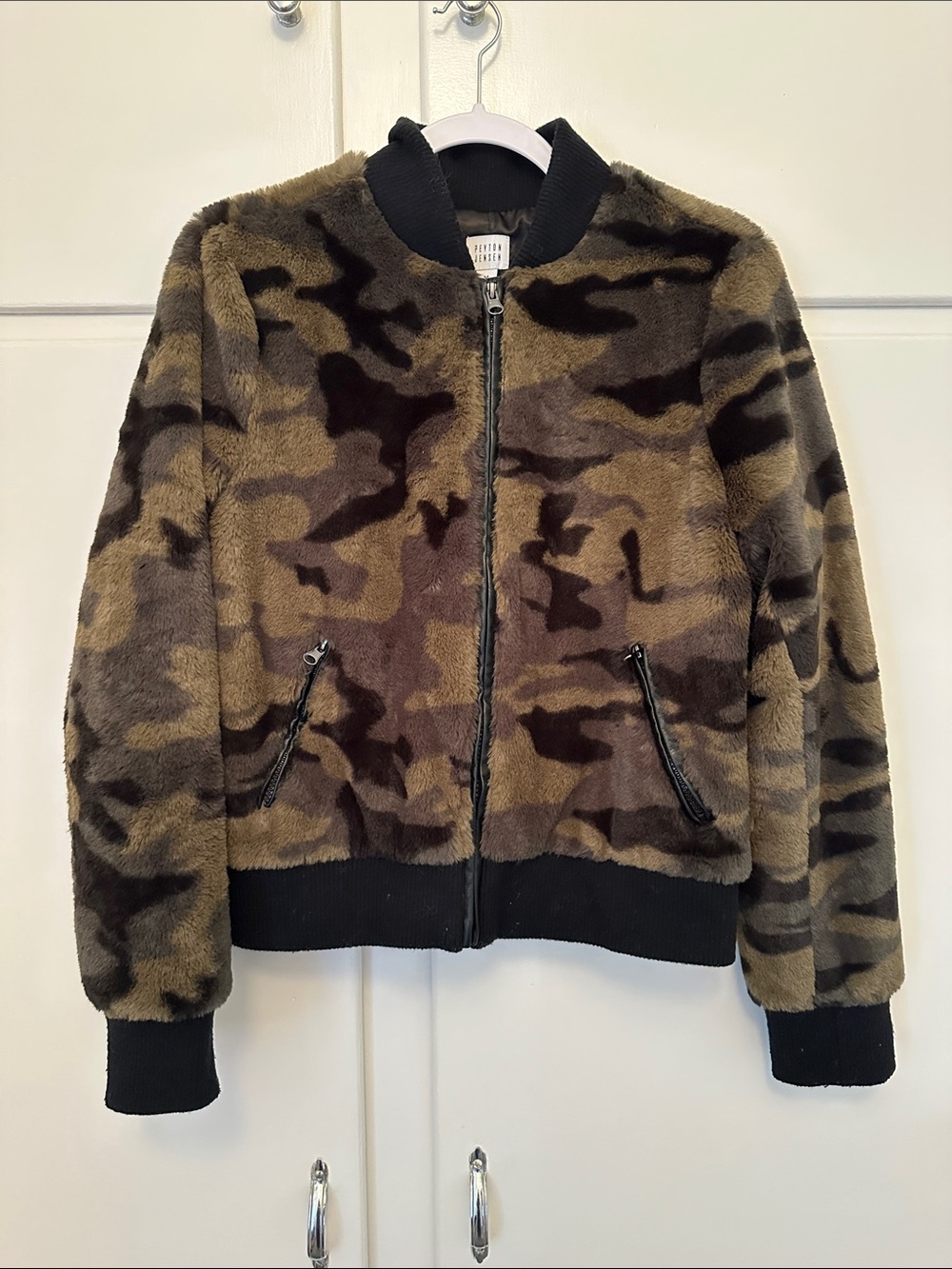LIKE NEW Peyton Jensen Fur Camo Bomber Jacket Military
